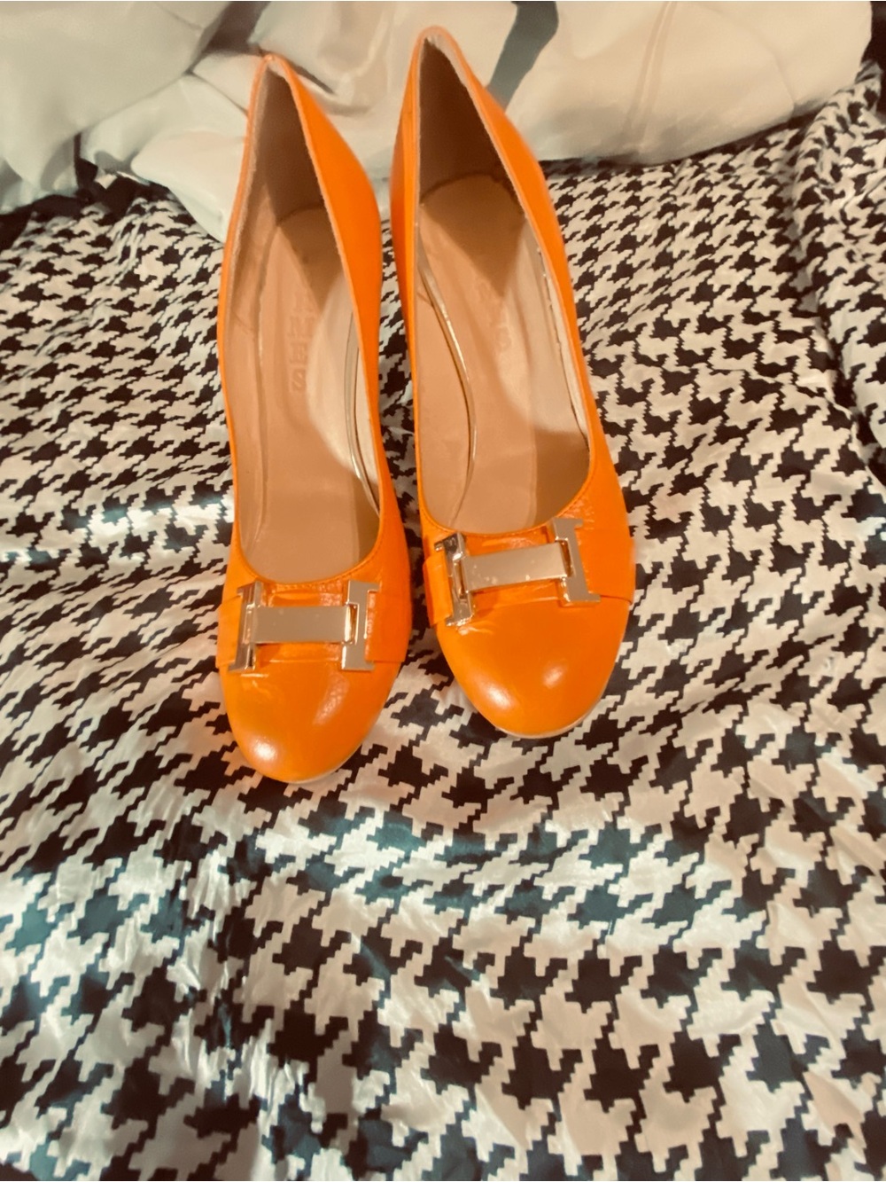 Women's Orange Leather Loafers with Gold Accent